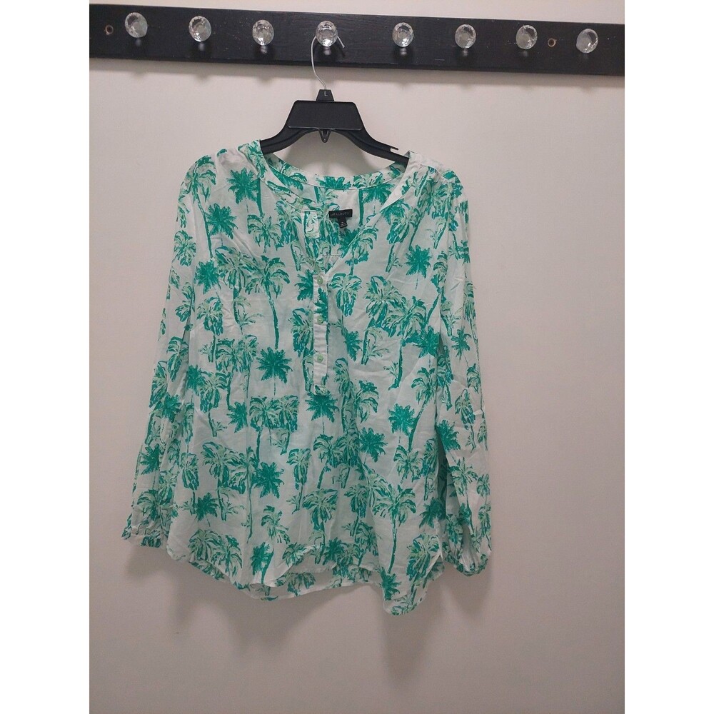 Talbots Long Sleeve Top Green Palm Trees XL
